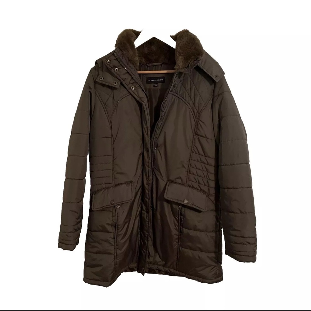 KC Collections Brown Puffer Coat Womens XL Full Zip Lined Long D/hood removable